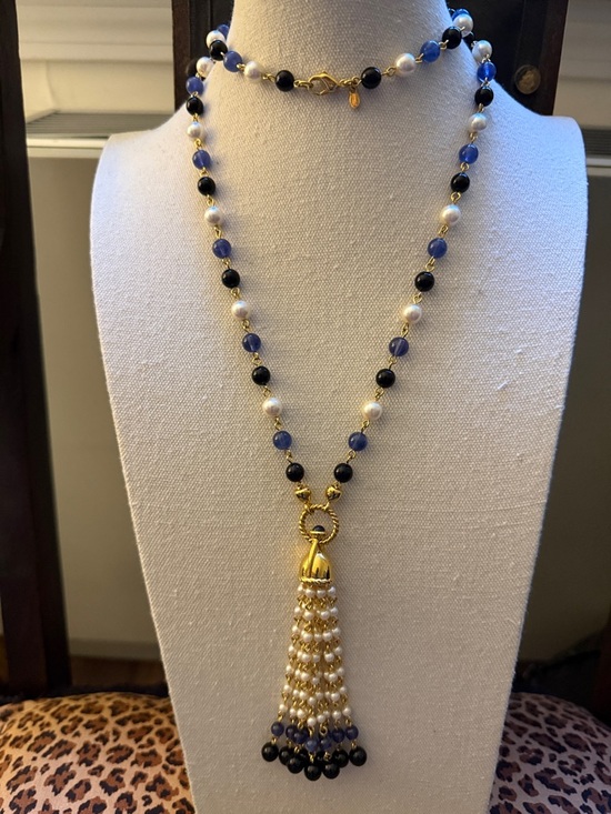 Monet Jewelry - Monet Rare Long Tassel GoldTone Necklace w/Black & Blue Beads plus  Faux Pearls.